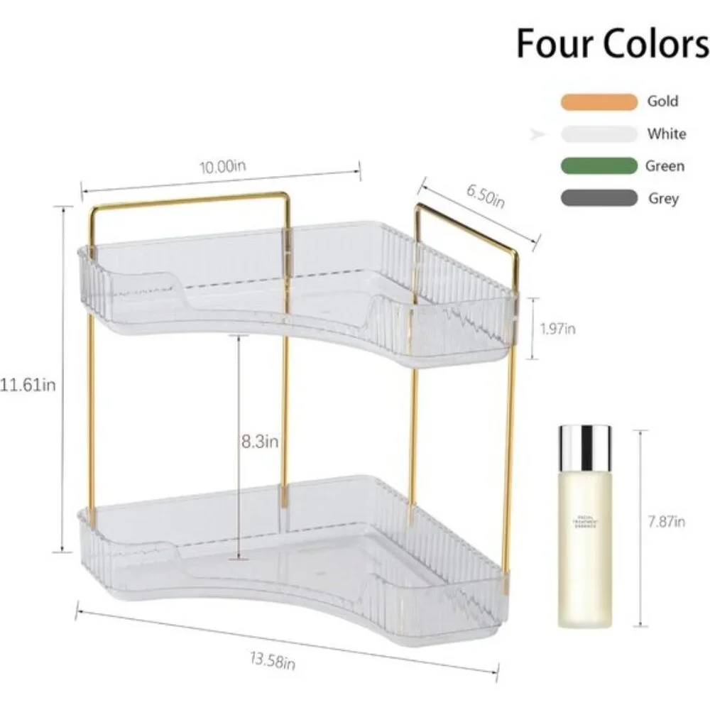 Clear White Corner Bathroom Organizer, 2-Tier Vanity Tray for Skincare & Makeup